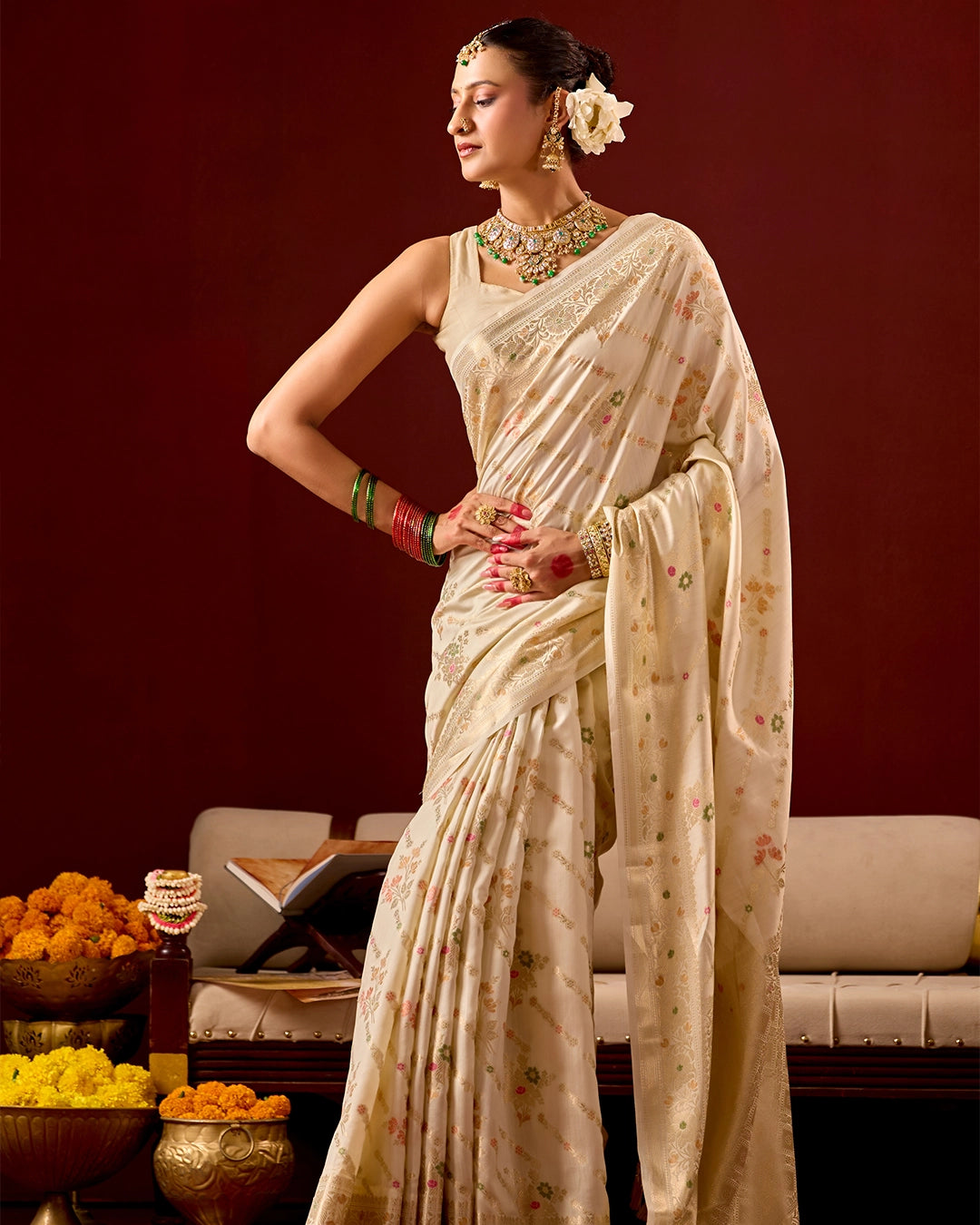 Ivory Banarasi Saree with Intricate Meenakari Jaal