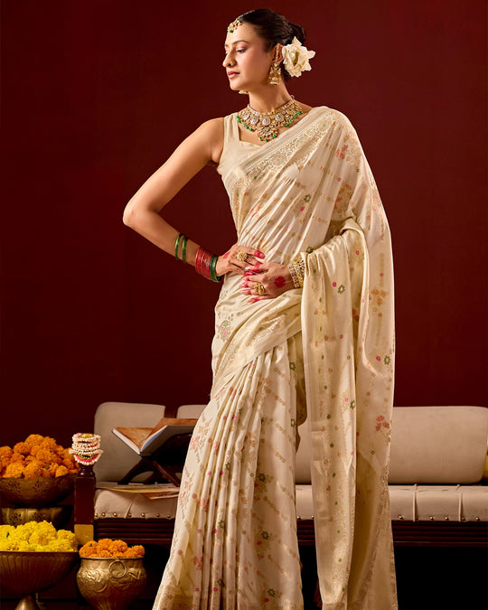 Ivory Banarasi Saree with Intricate Meenakari Jaal
