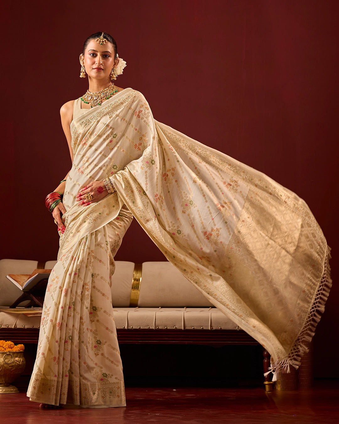 Ivory Banarasi Saree with Intricate Meenakari Jaal