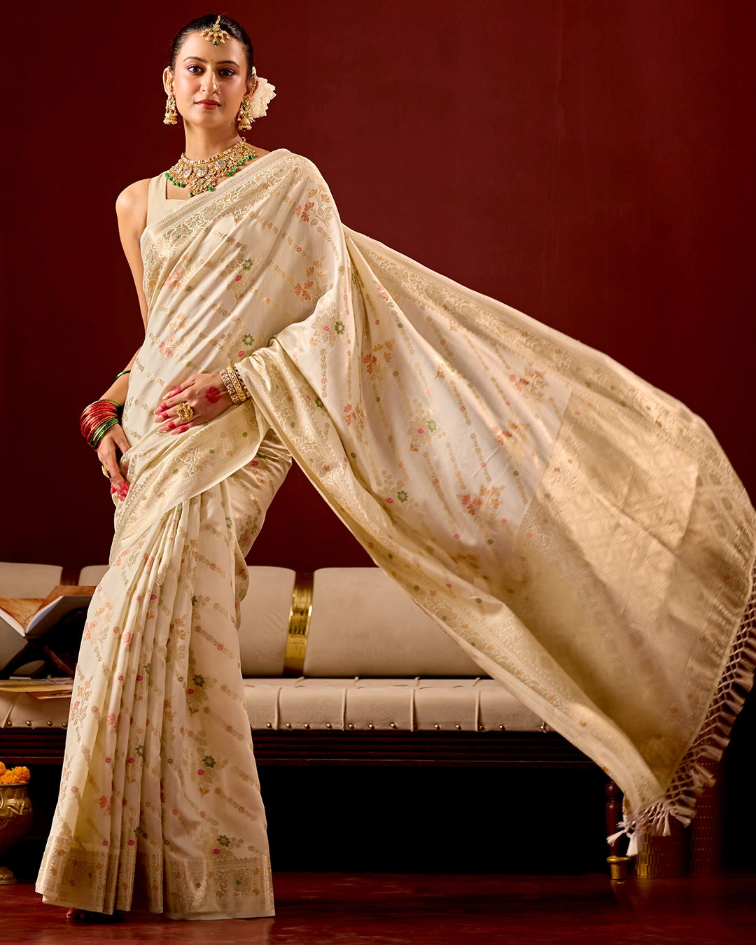Ivory Banarasi Saree with Intricate Meenakari Jaal