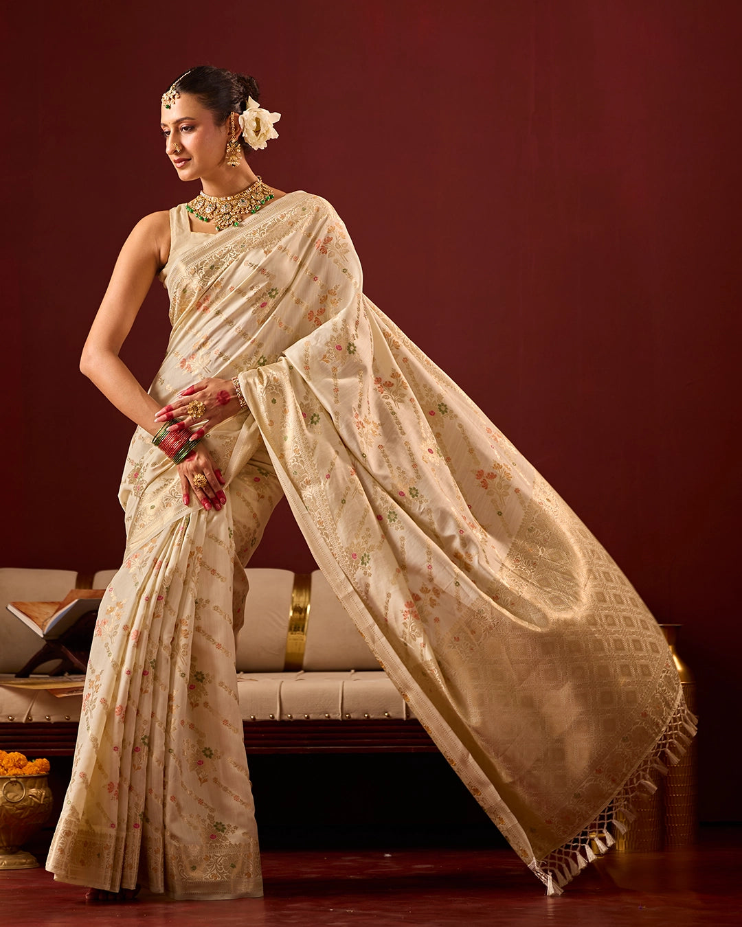 Ivory Banarasi Saree with Intricate Meenakari Jaal
