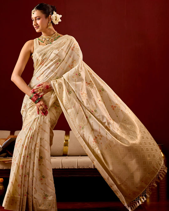 Ivory Banarasi Saree with Intricate Meenakari Jaal