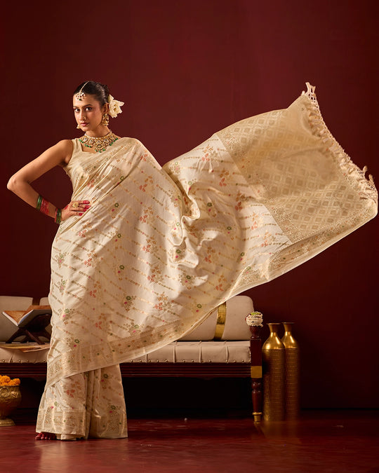 Ivory Banarasi Saree with Intricate Meenakari Jaal