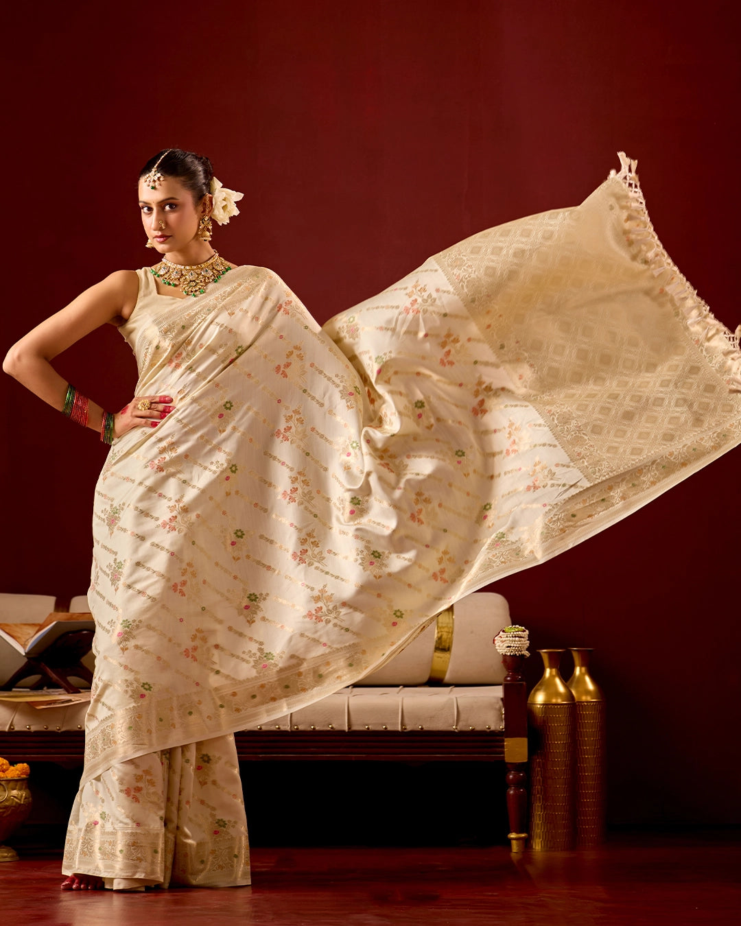 Ivory Banarasi Saree with Intricate Meenakari Jaal