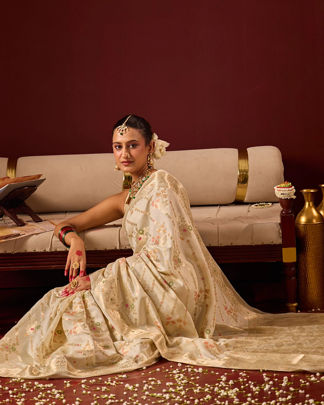 Ivory Banarasi Saree with Intricate Meenakari Jaal