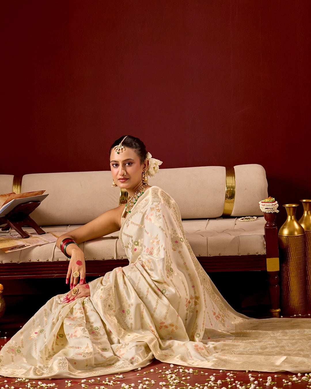 Ivory Banarasi Saree with Intricate Meenakari Jaal