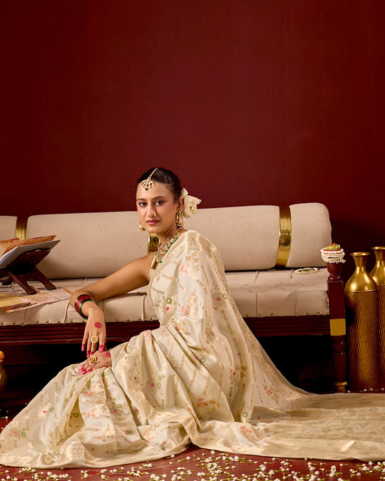 Ivory Banarasi Saree with Intricate Meenakari Jaal