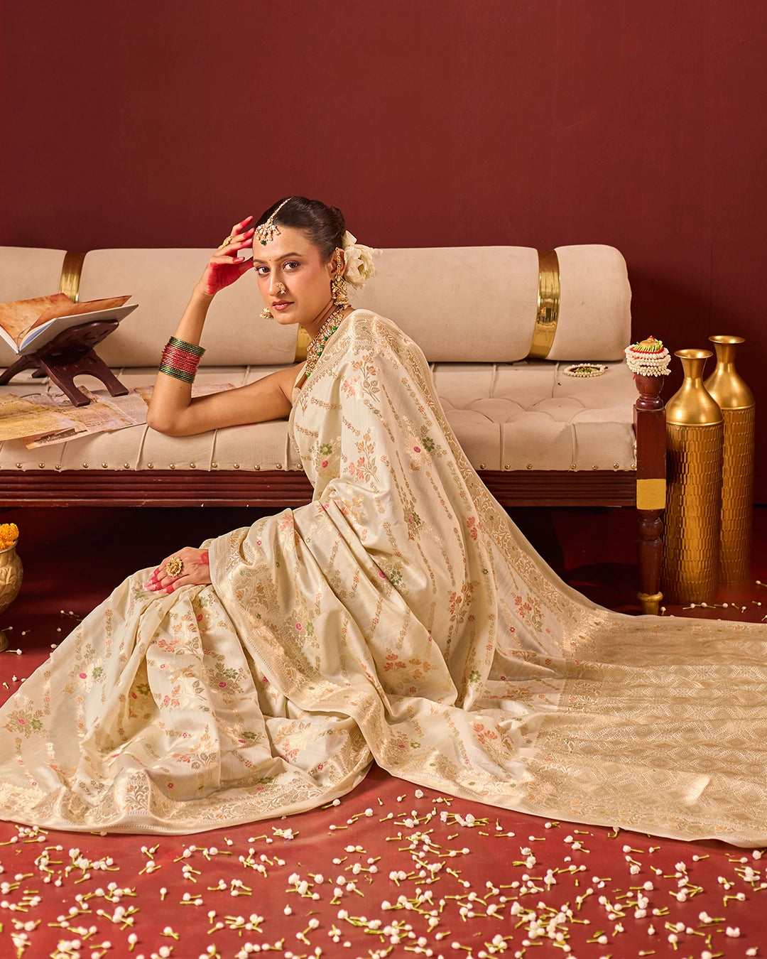 Ivory Banarasi Saree with Intricate Meenakari Jaal