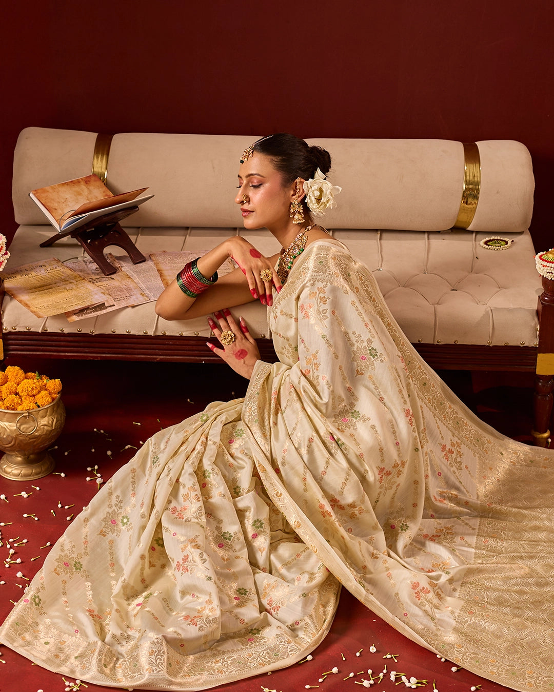 Ivory Banarasi Saree with Intricate Meenakari Jaal