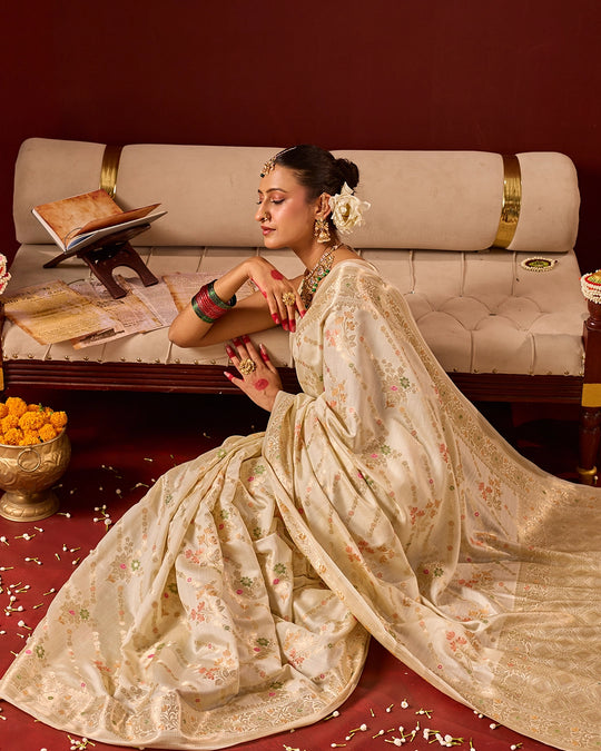 Ivory Banarasi Saree with Intricate Meenakari Jaal