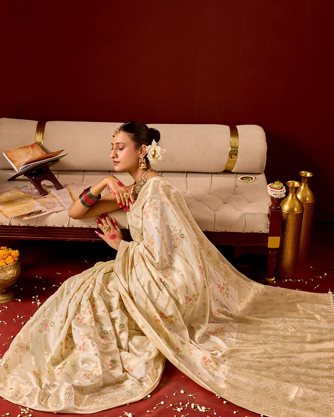 Ivory Banarasi Saree with Intricate Meenakari Jaal