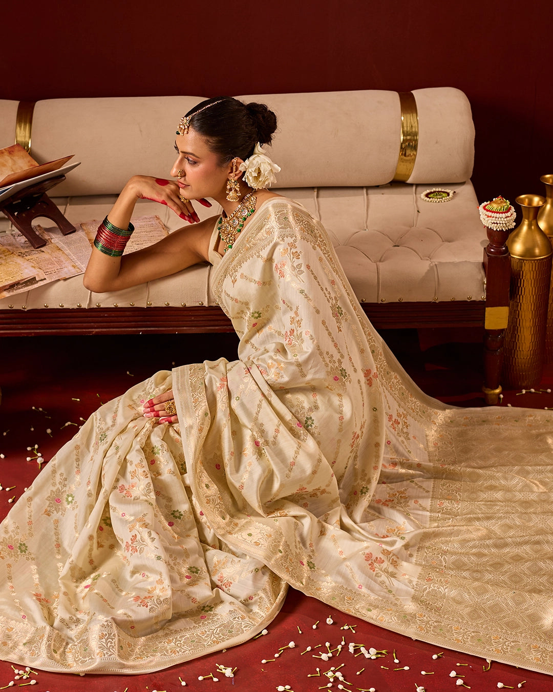 Ivory Banarasi Saree with Intricate Meenakari Jaal