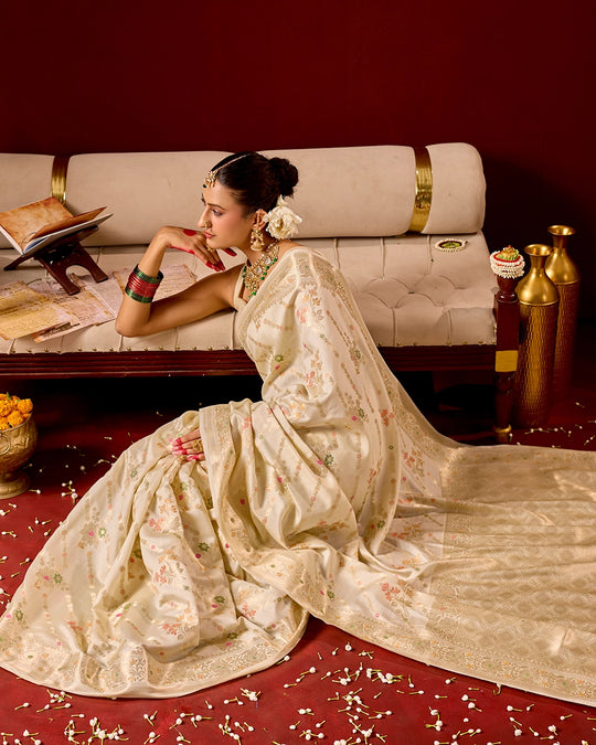 Ivory Banarasi Saree with Intricate Meenakari Jaal