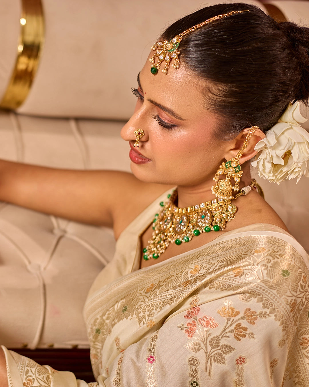 Ivory Banarasi Saree with Intricate Meenakari Jaal