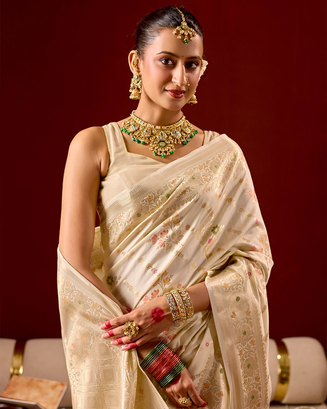 Ivory Banarasi Saree with Intricate Meenakari Jaal