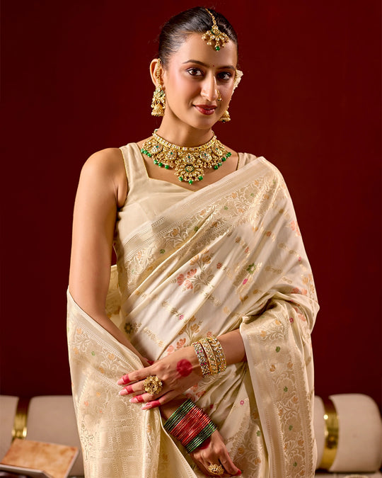 Ivory Banarasi Saree with Intricate Meenakari Jaal