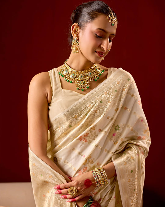 Ivory Banarasi Saree with Intricate Meenakari Jaal