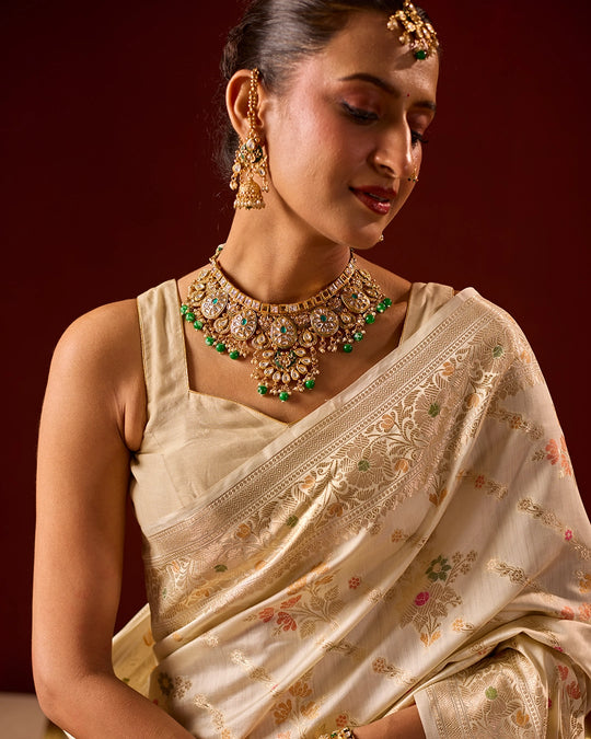 Ivory Banarasi Saree with Intricate Meenakari Jaal