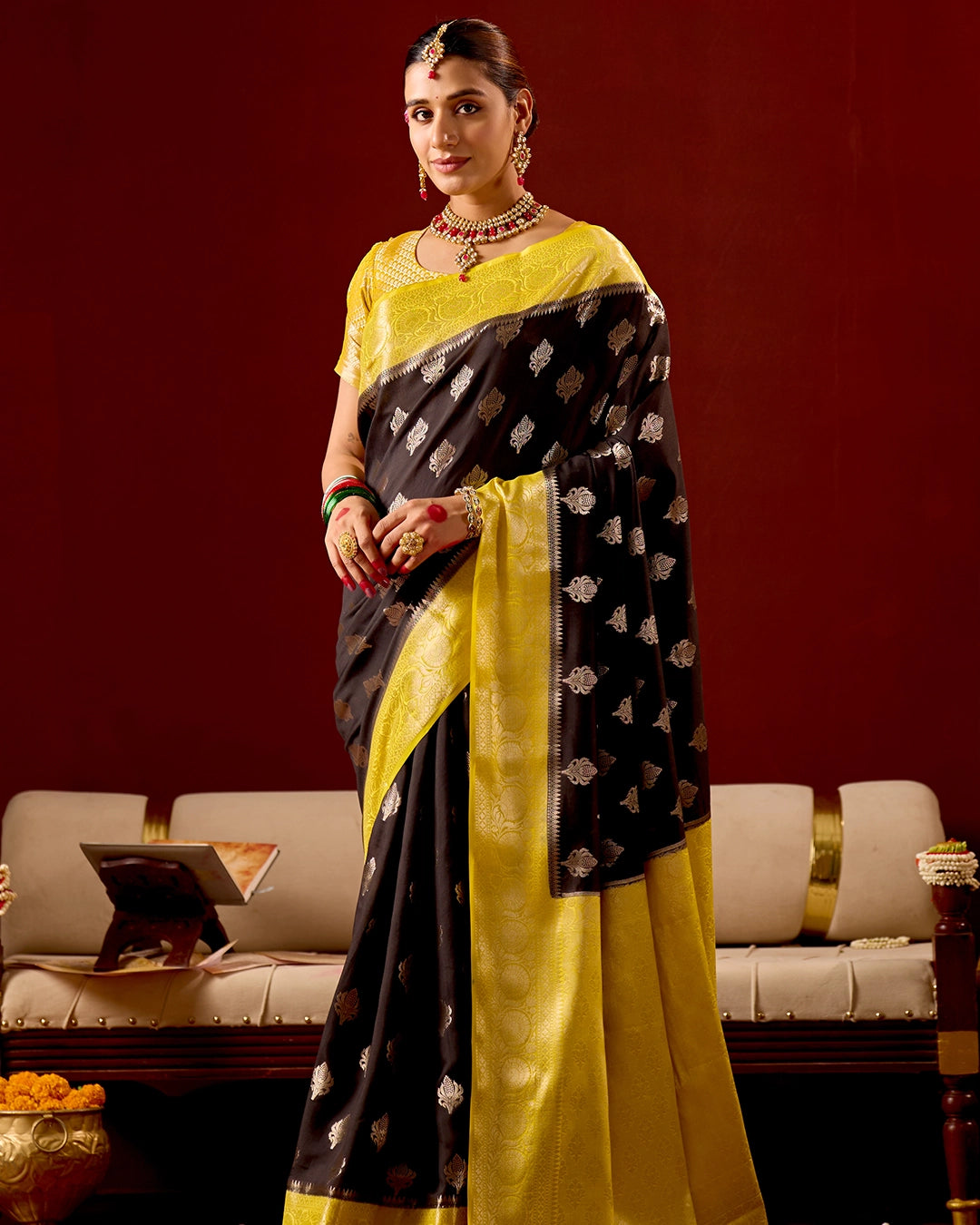 Black and Yellow Banarasi Saree with Butta Weaves