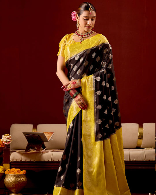 Black and Yellow Banarasi Saree with Butta Weaves
