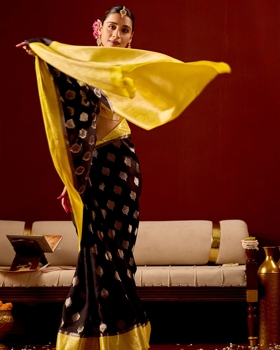 Black and Yellow Banarasi Saree with Butta Weaves