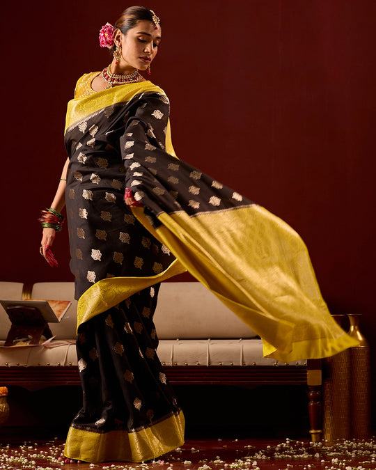 Black and Yellow Banarasi Saree with Butta Weaves