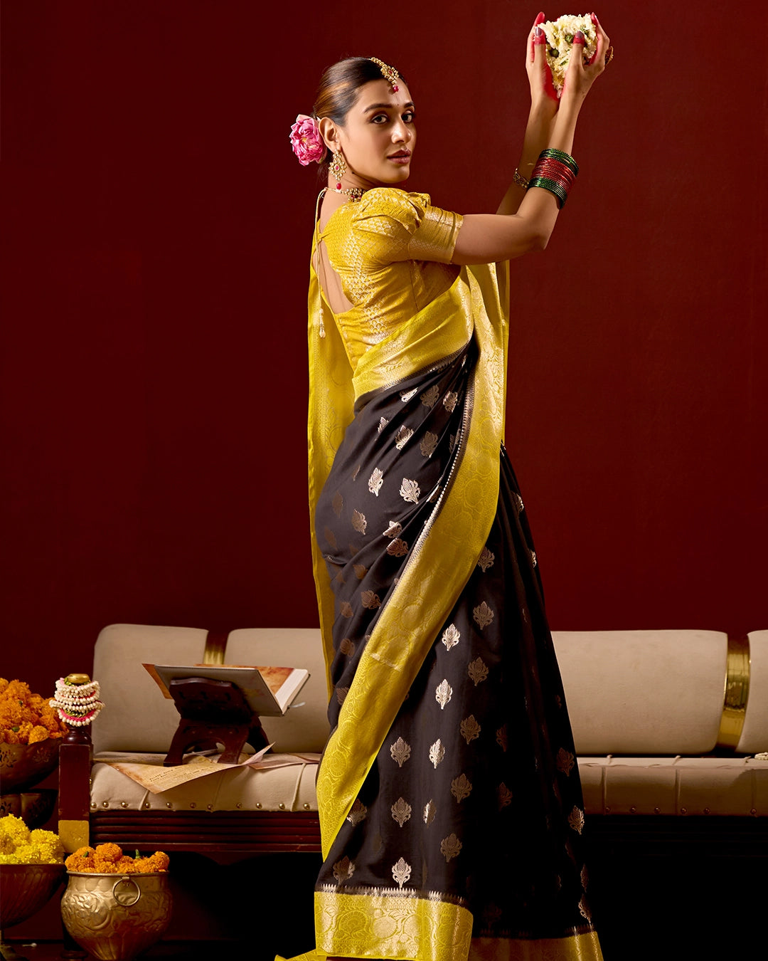 Black and Yellow Banarasi Saree with Butta Weaves