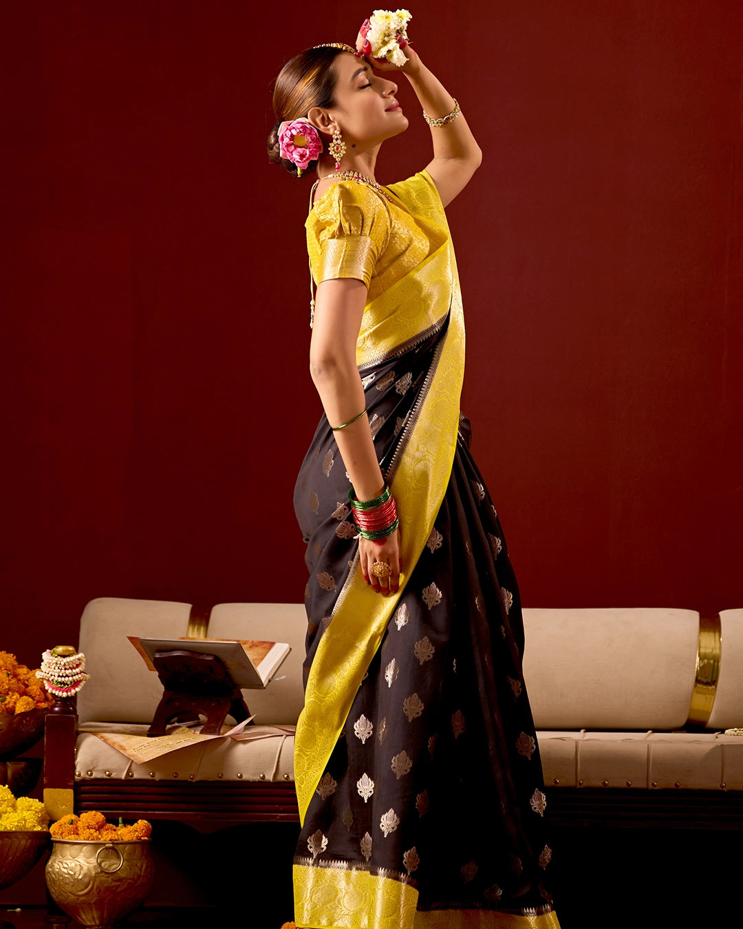 Black and Yellow Banarasi Saree with Butta Weaves