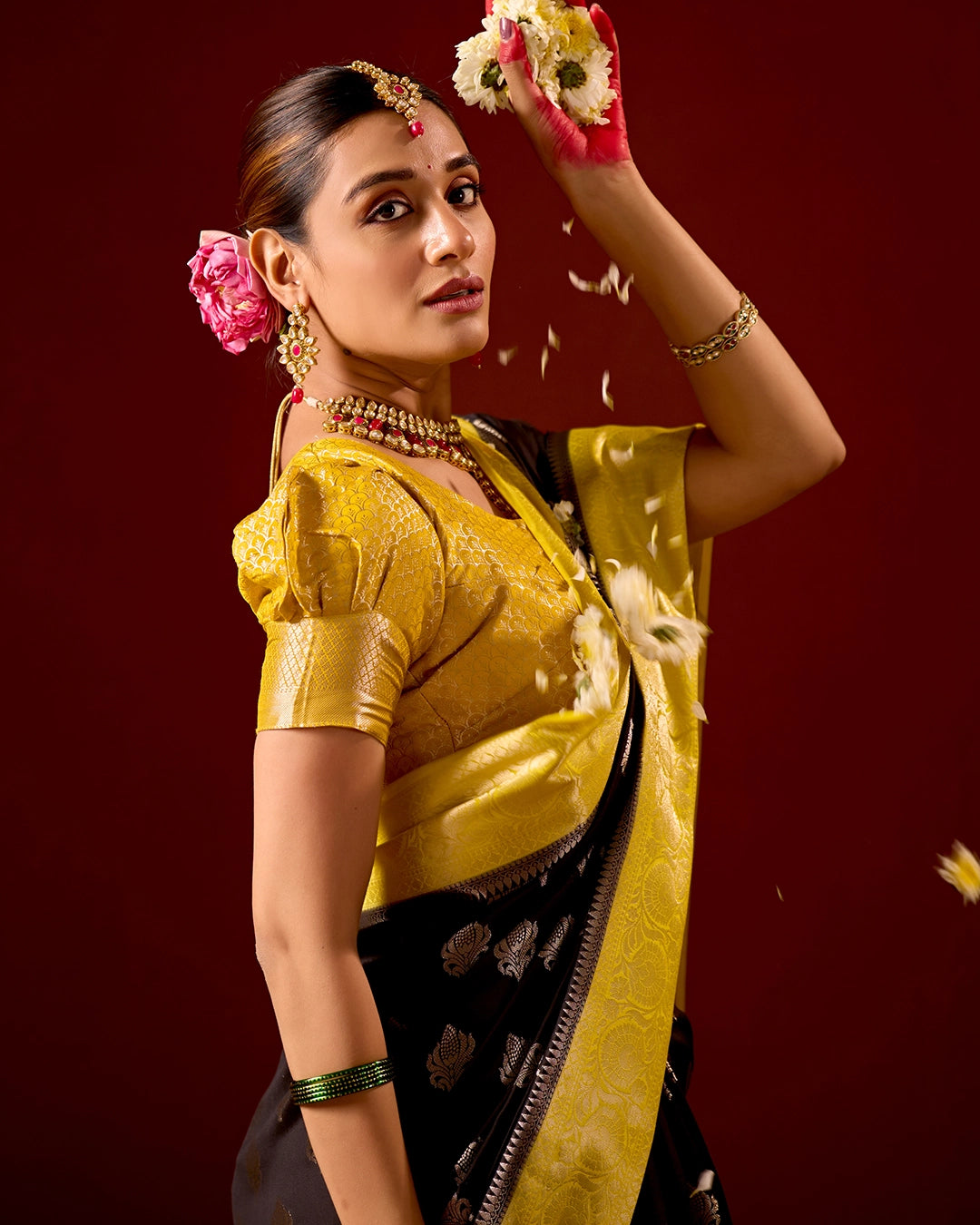 Black and Yellow Banarasi Saree with Butta Weaves