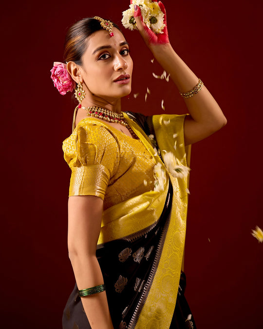 Black and Yellow Banarasi Saree with Butta Weaves