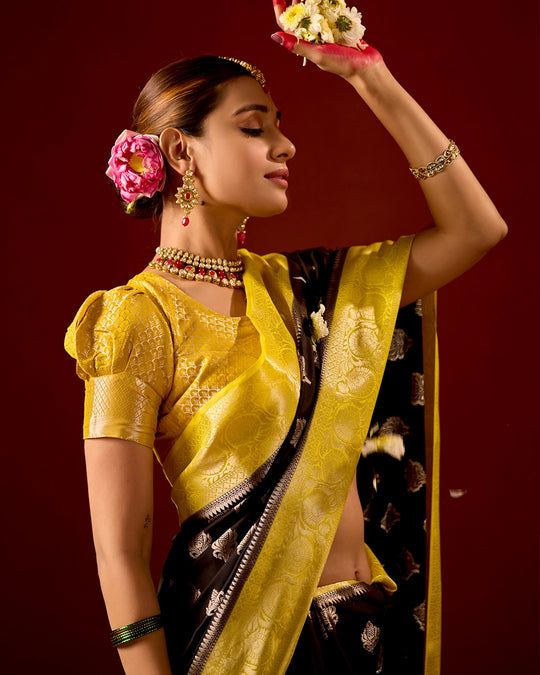 Black and Yellow Banarasi Saree with Butta Weaves