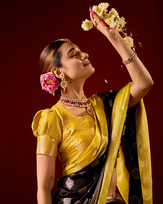 Black and Yellow Banarasi Saree with Butta Weaves