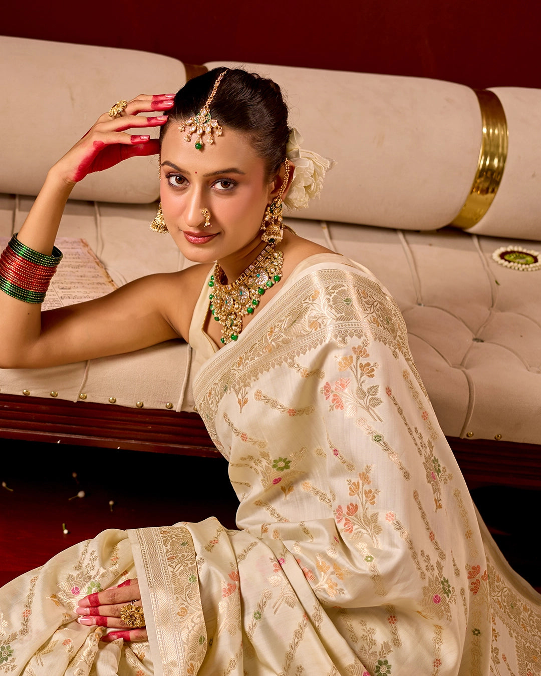 Ivory Banarasi Saree with Intricate Meenakari Jaal