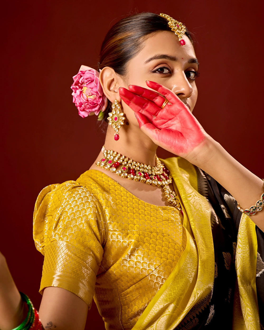 Black and Yellow Banarasi Saree with Butta Weaves