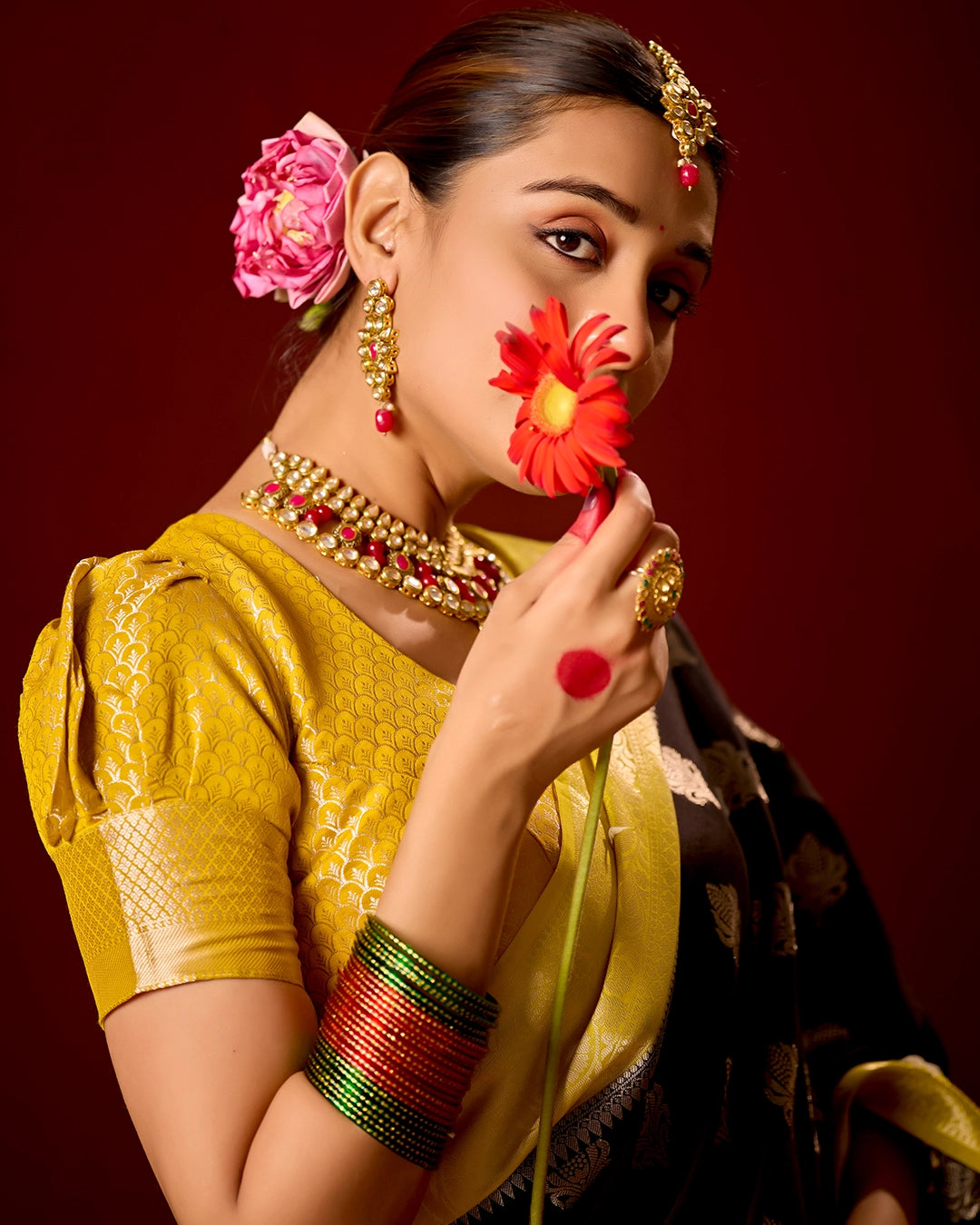Black and Yellow Banarasi Saree with Butta Weaves