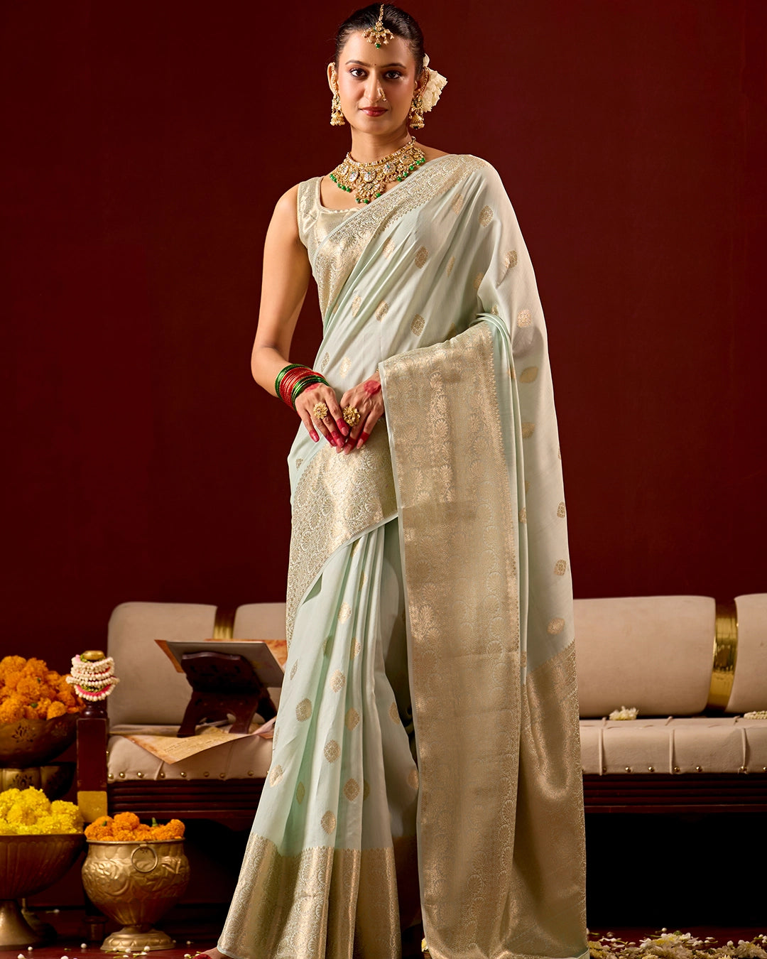 Pastel Green Banarasi Saree with Elegant Butidar Weaves