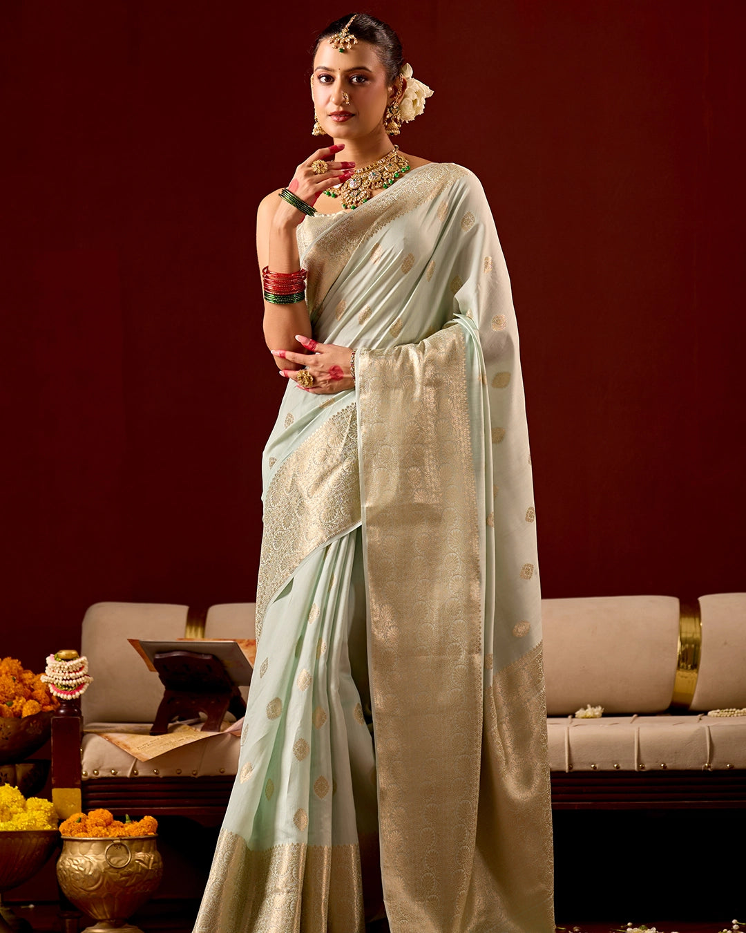 Pastel Green Banarasi Saree with Elegant Butidar Weaves