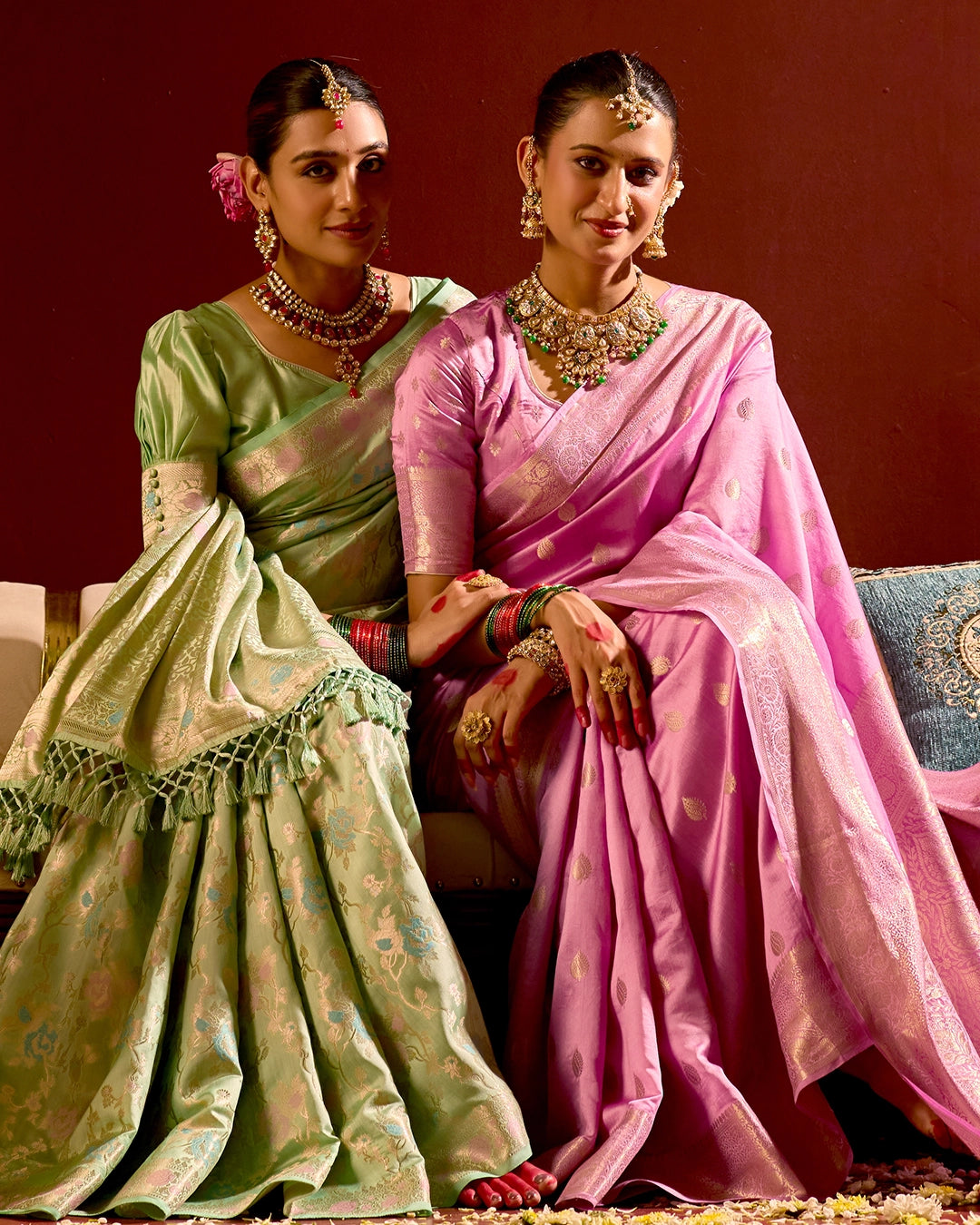 Pastel Green Banarasi Saree with Floral Meenakari