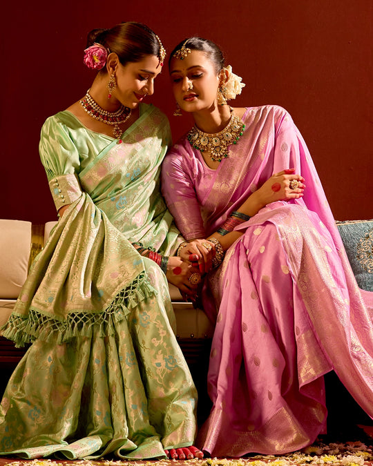Pastel Green Banarasi Saree with Floral Meenakari