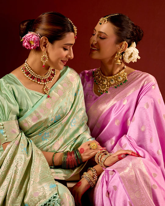 Pastel Green Banarasi Saree with Floral Meenakari