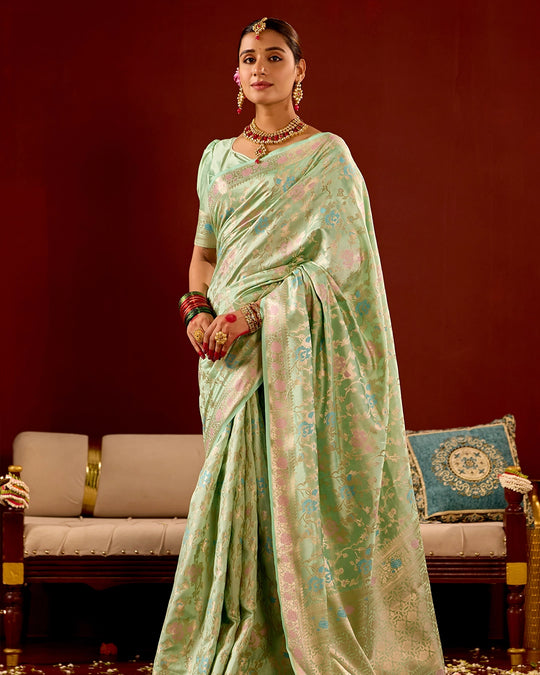 Pastel Green Banarasi Saree with Floral Meenakari
