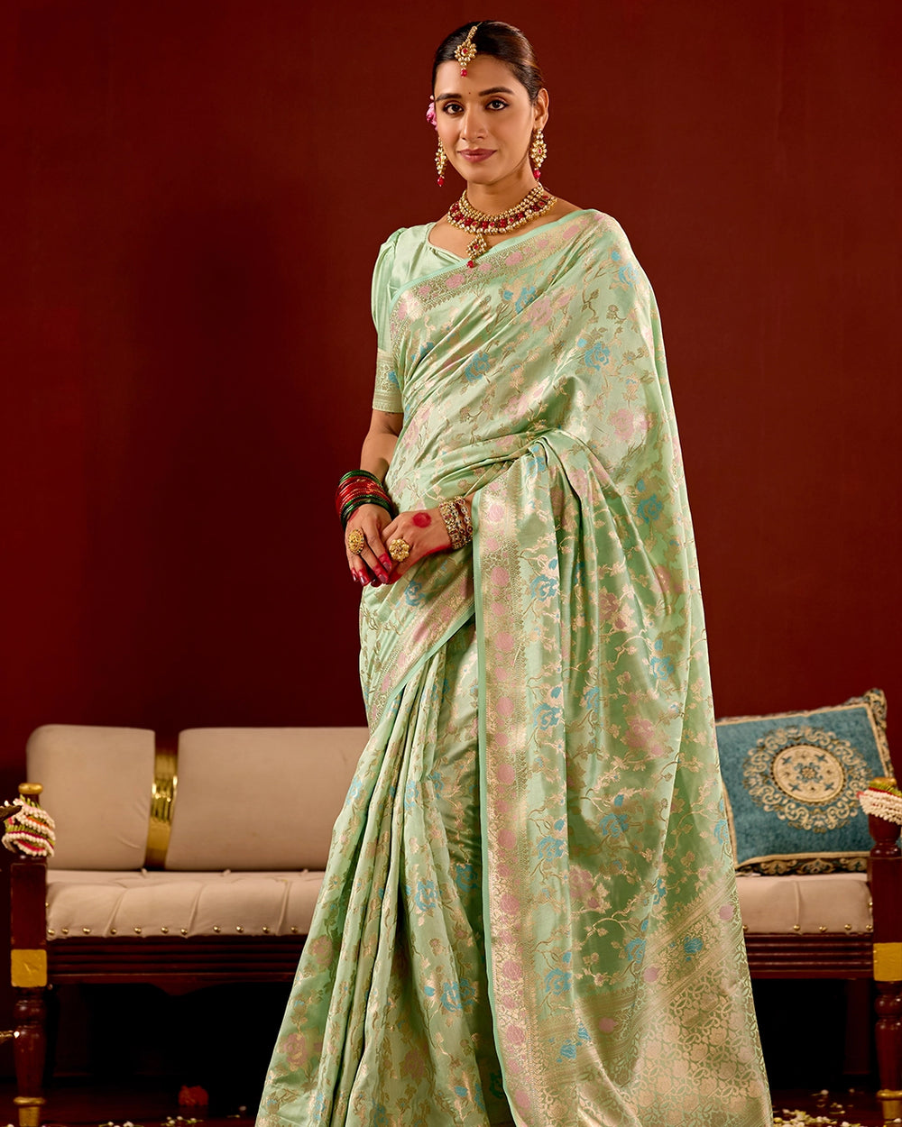Pastel Green Banarasi Saree with Floral Meenakari