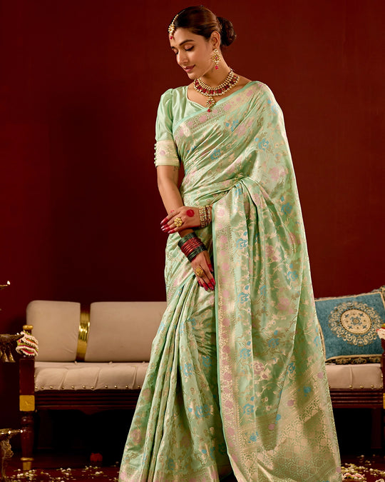 Pastel Green Banarasi Saree with Floral Meenakari