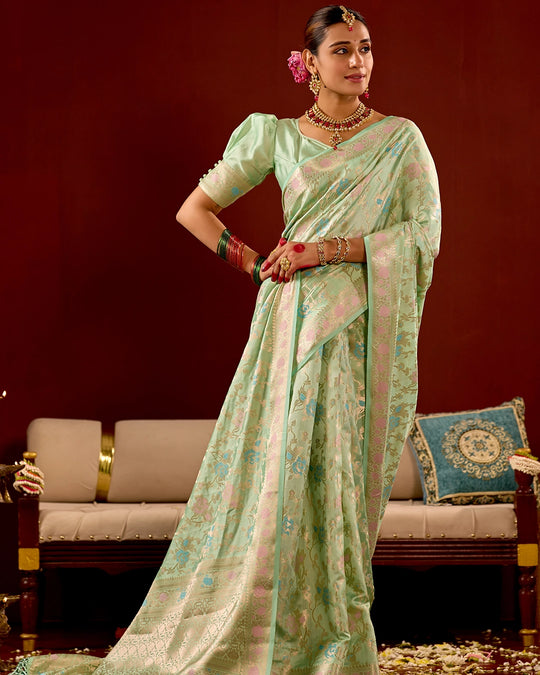 Pastel Green Banarasi Saree with Floral Meenakari