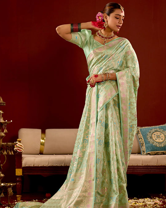 Pastel Green Banarasi Saree with Floral Meenakari