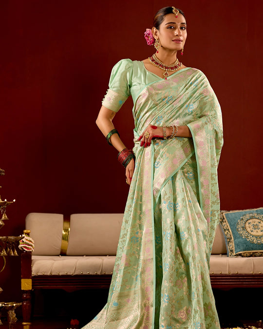 Pastel Green Banarasi Saree with Floral Meenakari