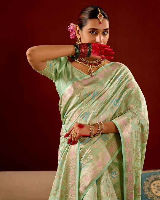 Pastel Green Banarasi Saree with Floral Meenakari