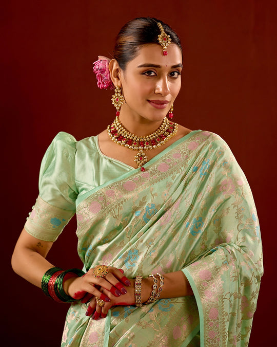 Pastel Green Banarasi Saree with Floral Meenakari