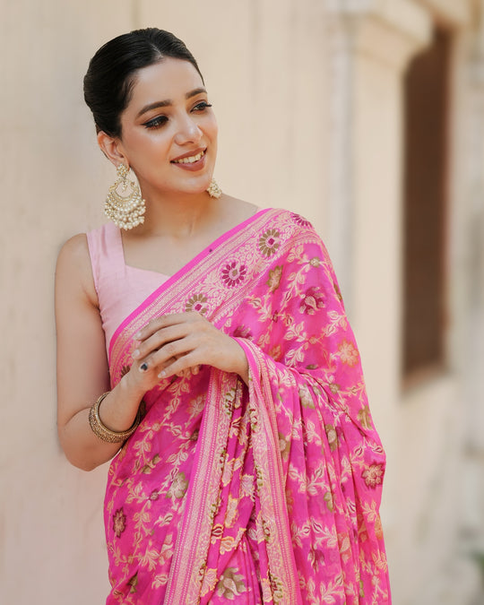 Eternal Pink Ocean Tones Pure Chiffon Saree with Opulent Floral Embellishments