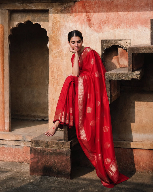Cherry Red Pure Banarasi Saree with Traditional Zari Buta Weaves
